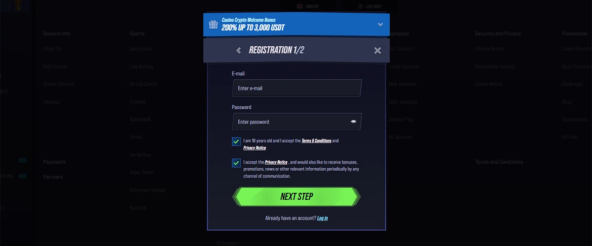 Casino registration step one with email and password fields, privacy consent checkboxes, green Next Step button and login link.
