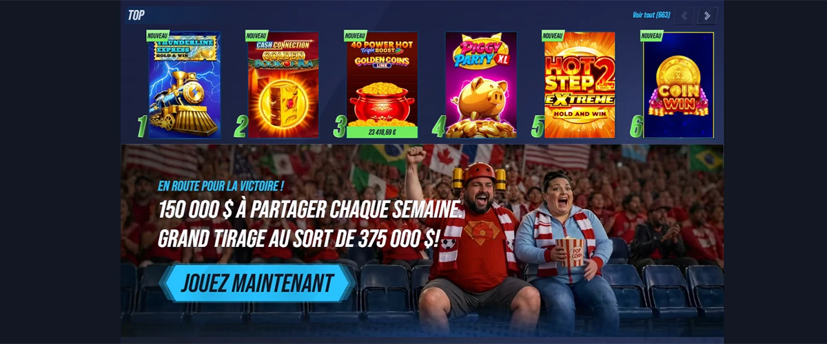 Sélection de jeux casino populaires et bannière promotionnelle avec 150 000 $ à partager chaque semaine et grand tirage de 375 000 $.