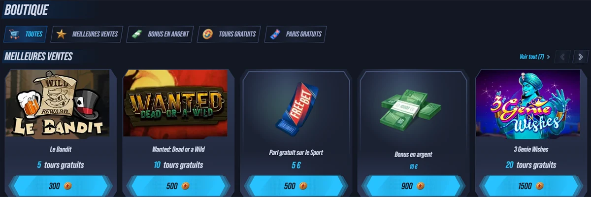 Boutique casino avec meilleures ventes, tours gratuits, pari sport gratuit, bonus en argent et offre 3 Genie Wishes.