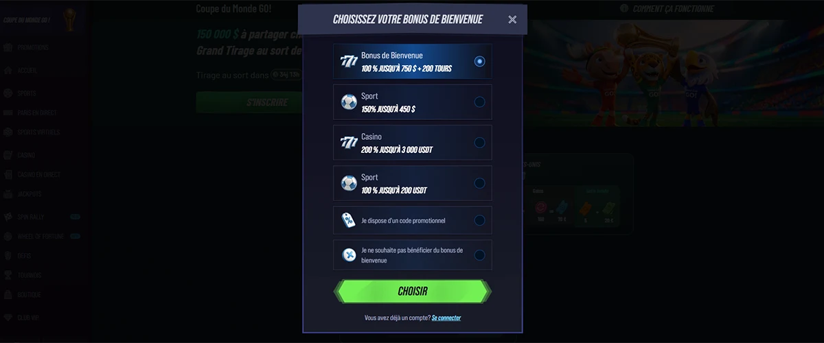 Sélection des bonus casino et sport avec offres de bienvenue, options USDT, code promotionnel et bouton Choisir.