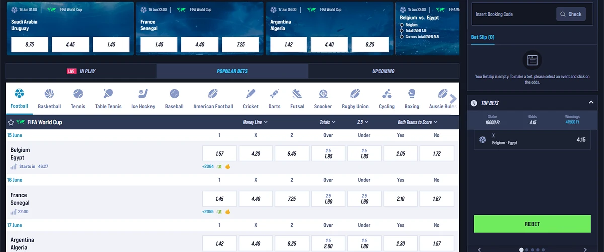 Sports betting page with FIFA World Cup match odds, live bets, popular sports categories, bet slip and top bets panel.